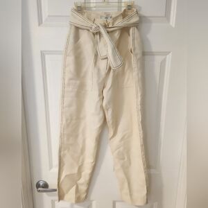 Mango Suit High-Waisted Cream Linen Blend Tie-Belt Pants with Contrast Stitching
